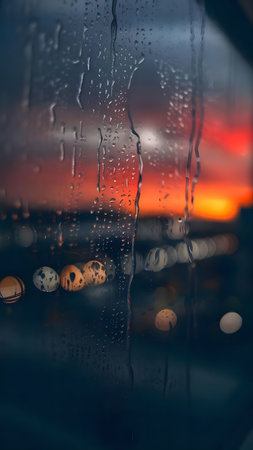 A captivating sunset over a city, viewed through a rain-covered windowpane. The water droplets distort the cityscape, creating a dreamy, atmospheric effect.の写真素材