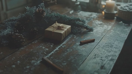 A rustic wooden table holds a Christmas gift wrapped in brown paper, surrounded by pine branches,...