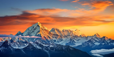 A breathtaking sunset paints the sky in vibrant hues as it illuminates a snow-covered mountain range.の写真素材