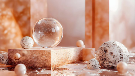 Glass sphere and textured stones on a peach-colored platform. Abstract composition.の写真素材