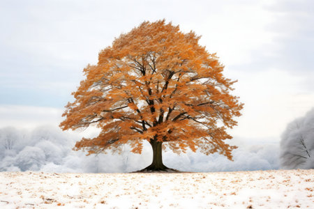 A single tree with orange leaves stands in a snowy field, surrounded by frost-covered trees....
