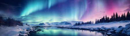 Stunning aurora borealis display over a snow covered river and mountain range. A magical winter night.の写真素材