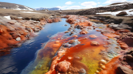 A vibrant stream flows through an arctic landscape. The water is vividly colored by minerals.の写真素材