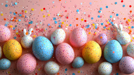 A festive collection of pastel Easter eggs adorned with confetti and cute bunny decorations.