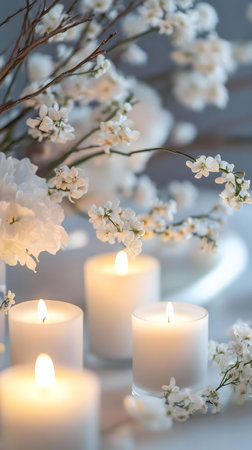 Four white candles illuminate a table arrangement of delicate white blossoms and branches, creating a serene and peaceful atmosphere.の写真素材