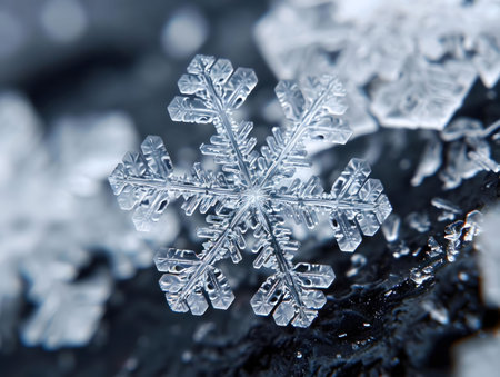 Close-up shot of a single, intricately detailed snowflake. Winter's delicate beauty.の写真素材