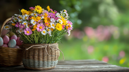 A colorful spring bouquet in a rustic basket sits on a wooden table with easter eggs and blurred...