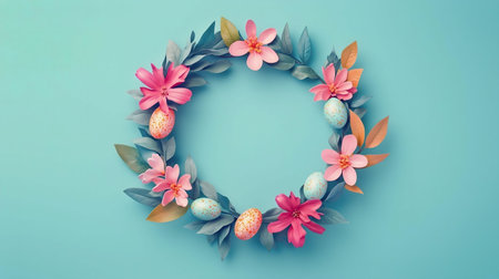 A pastel pink and blue Easter wreath made of flowers and decorated eggs. Perfect for spring and Easter celebrations.の写真素材