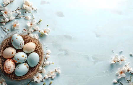A delightful Easter image featuring pastel-colored eggs in a bird's nest, surrounded by delicate...