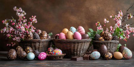 A delightful Easter scene featuring chocolate eggs in rustic baskets, adorned with spring blossoms.の写真素材
