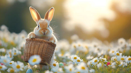 A charming Easter bunny holds a wicker basket in a sunny daisy field.の写真素材