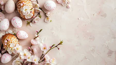 Pastel Easter eggs and spring blossoms arranged beautifully. Sweet treats and festive decorations...