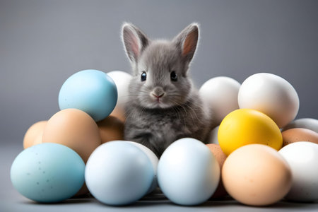A charming gray bunny sits amidst a pile of pastel-colored Easter eggs. A heartwarming springtime...