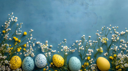 Pastel Easter eggs nestled amongst delicate white and yellow spring flowers on a blue background.