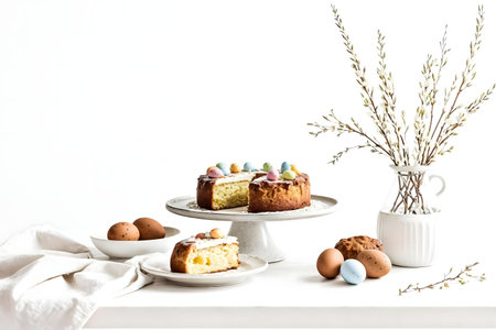 A delectable Easter cake adorned with pastel eggs, surrounded by spring blossoms and chocolate eggs.