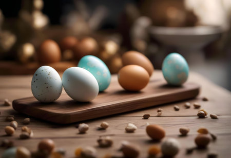 Close-up of pastel-colored Easter eggs arranged on a rustic wooden board.の写真素材
