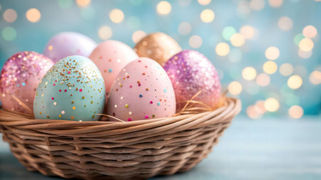 A delightful collection of pastel-colored Easter eggs, adorned with glitter, nestled in a charming wicker basket.の写真素材