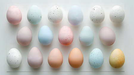A flatlay image showcasing a collection of pastel-colored Easter eggs arranged neatly on a white...