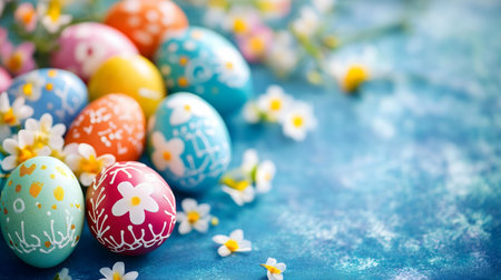 A delightful image of colorful, hand-painted Easter eggs nestled among delicate spring blossoms on a...