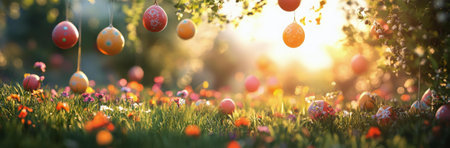 A magical Easter scene: painted eggs hanging from a tree, surrounded by blooming flowers in a sunlit meadow. Happy Easter!の写真素材