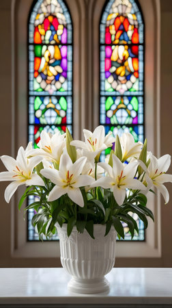 White lilies in a beautiful vase before stained glass windows inside a church.の写真素材