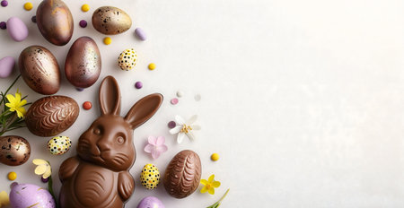 A delightful Easter arrangement with a chocolate bunny, decorated eggs, and spring flowers. Perfect...
