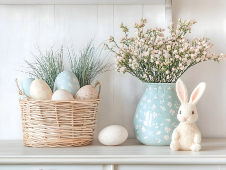 Pastel Easter decorations with a wicker basket of eggs, a bunny, and a vase of flowers. Springtime festive decorの写真素材