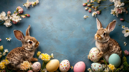 Two cute bunnies surrounded by colorful Easter eggs and spring flowers. Perfect for Easter cards or decorations.の写真素材