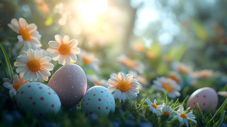 Pastel Easter eggs nestled amongst blooming daisies in a sunlit meadow. A beautiful spring scene.の写真素材