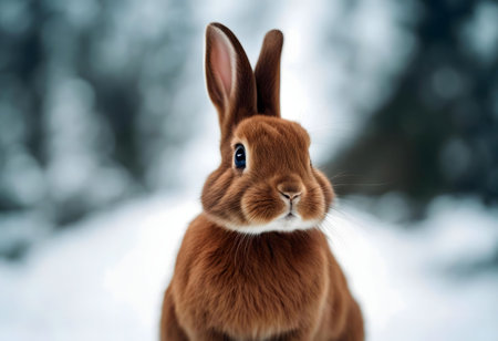 A captivating image of a brown rabbit sitting in the snow during winter. Its fur is fluffy, and eyes are striking.の写真素材