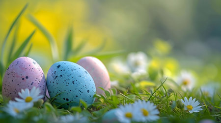 Three pastel Easter eggs nestled in a vibrant spring meadow, surrounded by blooming daisies.