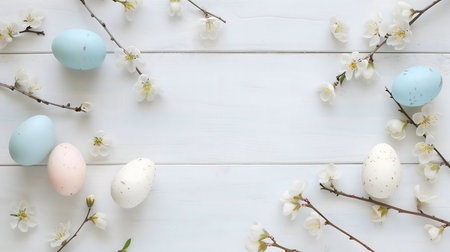 Pastel Easter eggs arranged with delicate white blossoms on a white wooden background. A spring celebration image.の写真素材