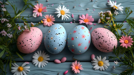 Four pastel Easter eggs decorated with flowers on a rustic wooden background.