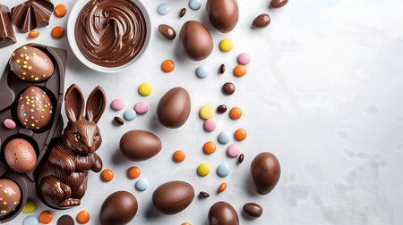 Happy Easter! A delightful arrangement of chocolate eggs, a chocolate bunny, and colorful candies.