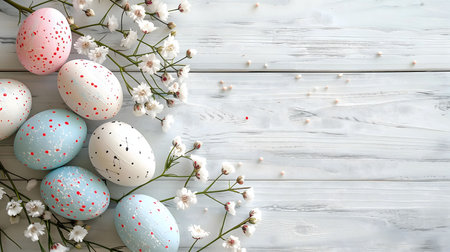Pastel Easter eggs and white flowers arranged on a rustic white wooden background. Perfect for spring or Easter themed designs.の写真素材