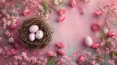 Pink Easter eggs in a bird's nest surrounded by delicate pink flowers. Perfect spring decoration.の写真素材