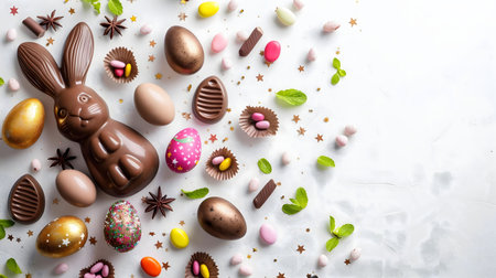 A charming Easter scene with a chocolate bunny, colorful eggs, and candies. Perfect for spring...