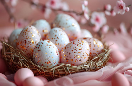 Pastel Easter eggs in a bird's nest, decorated with pink blossoms. A spring celebration.の写真素材