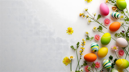 Colorful Easter eggs surrounded by delicate spring flowers. A festive and joyful image perfect for Easter celebrations.の写真素材