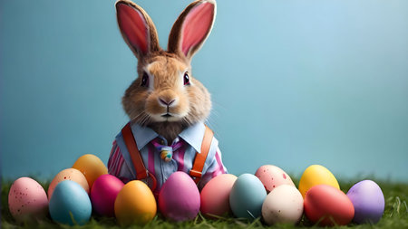 A charming Easter bunny in a stylish shirt sits amidst a collection of vibrant pastel eggs. A perfect springtime image!の写真素材