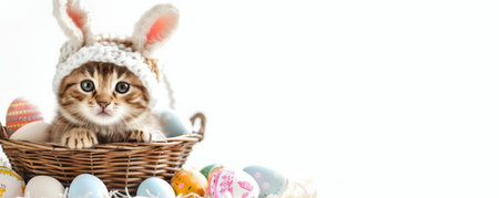 A charming kitten wearing a bunny hat sits in a basket filled with Easter eggs.の写真素材