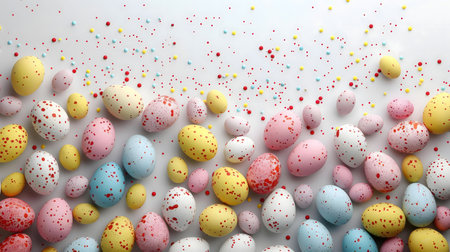 A vibrant collection of pastel Easter eggs scattered with colorful sprinkles. Perfect for Easter...