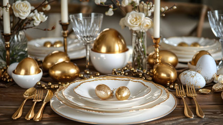 A luxurious Easter table setting featuring gold-painted eggs, elegant white plates, and delicate floral arrangements.の写真素材
