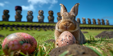 A cute bunny holds an Easter egg in front of the Moai statues on Easter Island. A unique spring...
