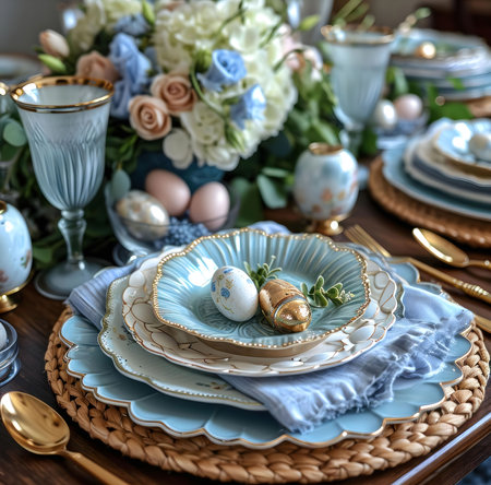 Elegant Easter table setting with pastel blue and gold accents, featuring floral arrangements and...