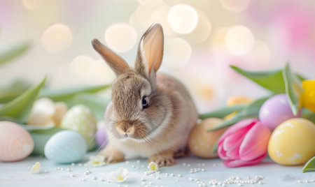 An adorable Easter bunny surrounded by colorful eggs and tulips. A heartwarming spring scene.