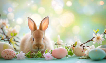A charming Easter bunny surrounded by pastel eggs and delicate spring blossoms. A perfect image for...