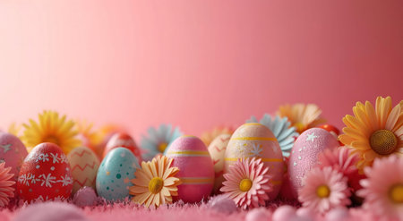 A delightful image of pastel Easter eggs nestled among blooming daisies, celebrating the arrival of...
