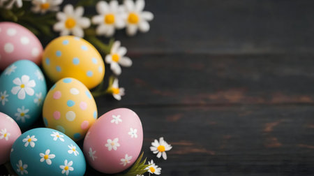 A delightful Easter arrangement featuring pastel-colored eggs adorned with daisies on a dark wooden surface.の写真素材