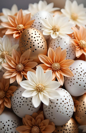 Close-up of an exquisite Easter arrangement featuring intricately perforated eggs and soft, paper...